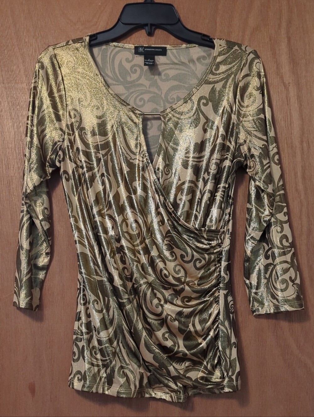 INC International Concepts Gold and Cream Metallic Surplice Ruched Top